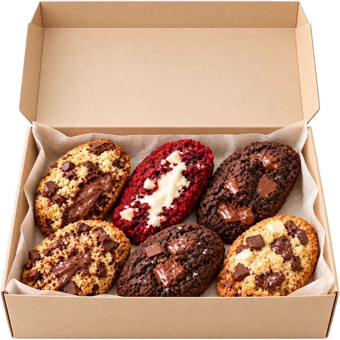 Caixa de papelão aberta, vista de cima, com seis cookies recheados