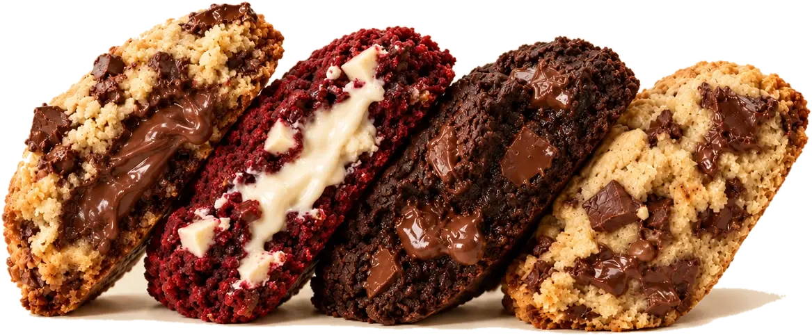 Quatro cookies recheados partidos ao meio, lado a lado